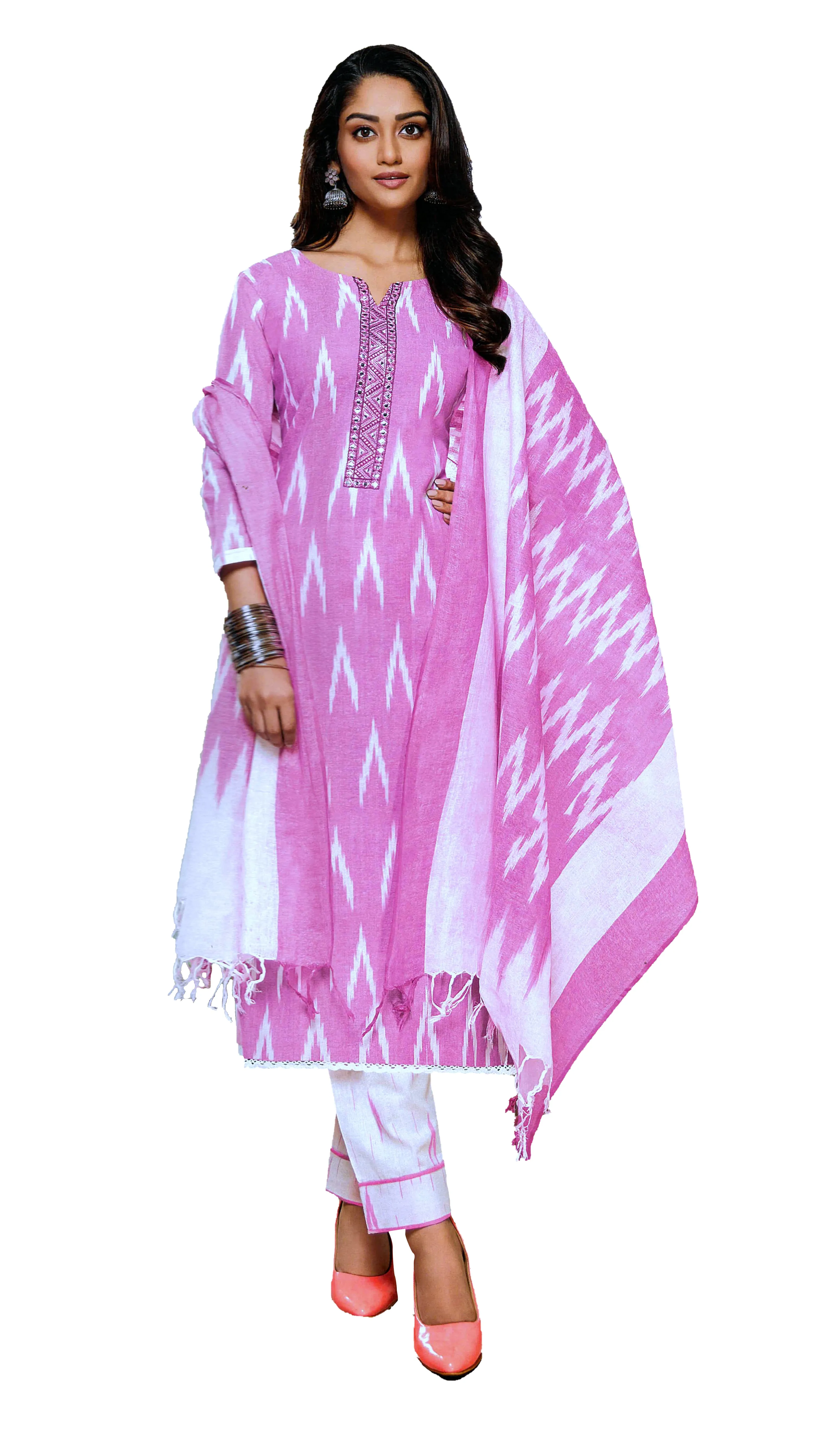 Ladyline Cotton Ikkat Weaving Salwar Kameez for women | Embroidered Neckline, Straight Pants |