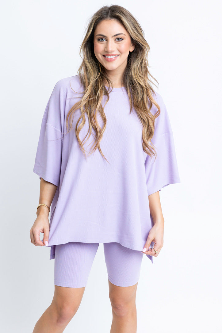 Lavender Ribbed Knit Biker Shorts Set