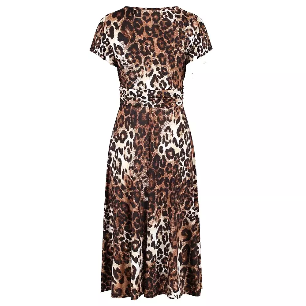 Leopard Print Cap Sleeve Crossover V Neck Wrap Top Swing Dress