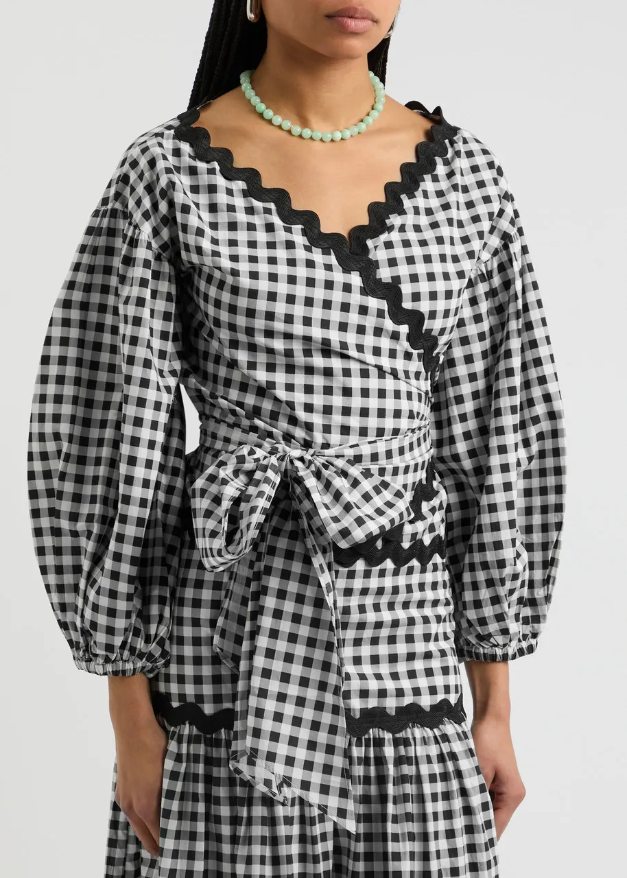 LESLIE AMON Love checked cotton wrap top  -                         -                     -                