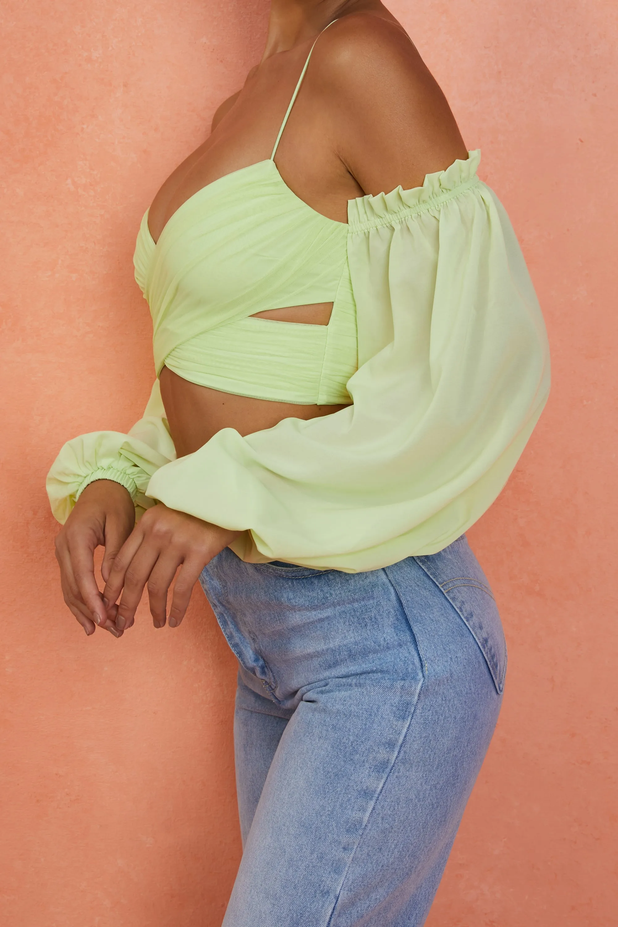 Long Sleeve Wrap Crop Top in Lime