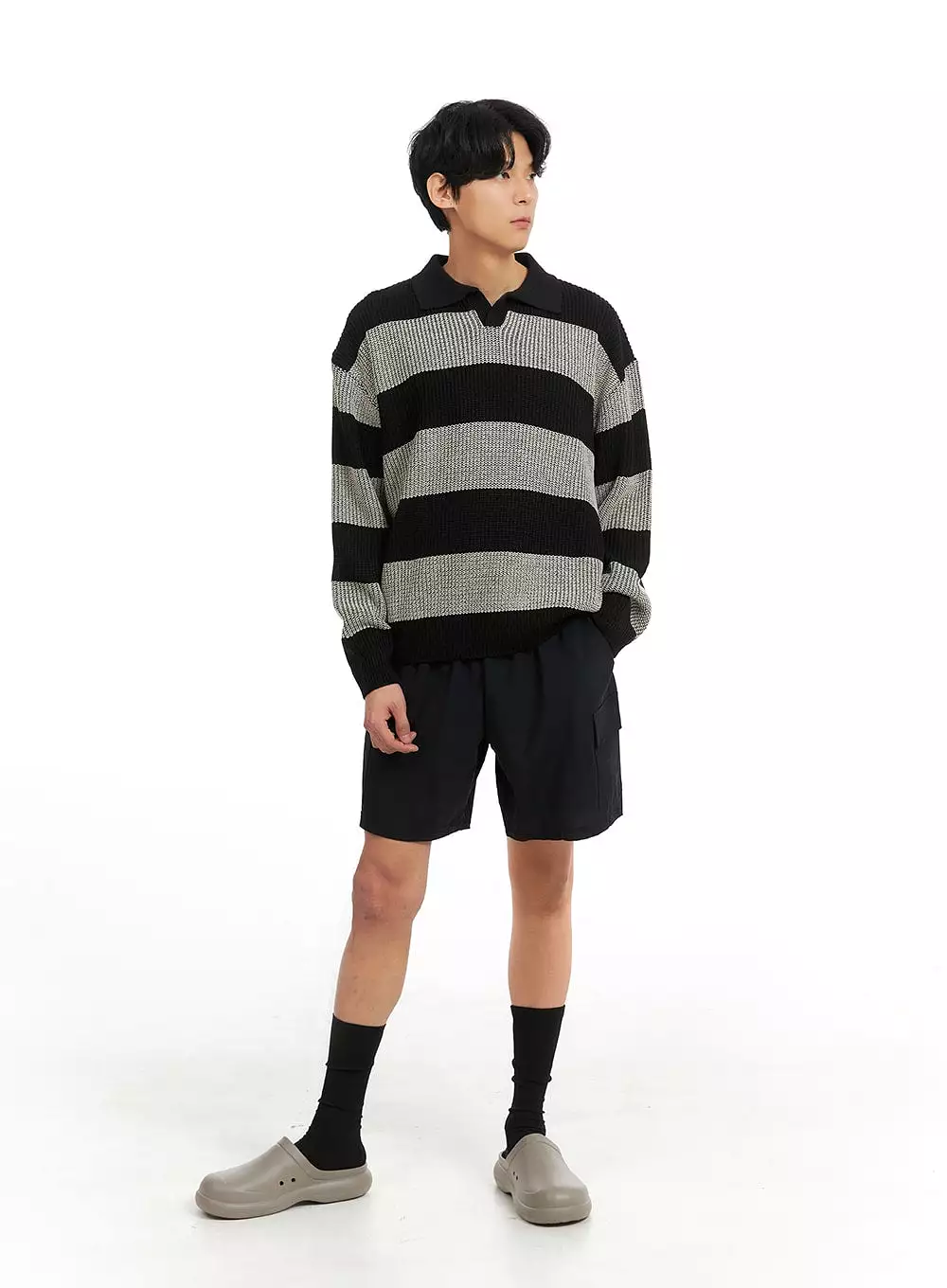 Men's Open Collar Striped Sweater IA401