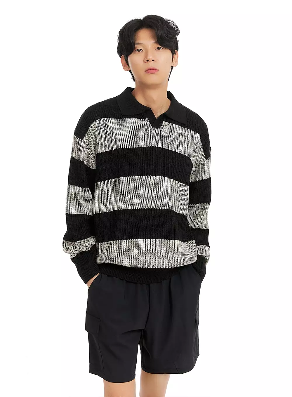 Men's Open Collar Striped Sweater IA401