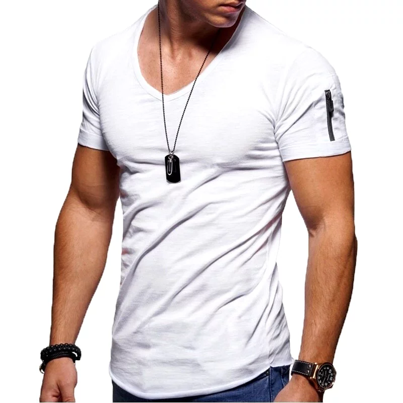 Men's V-neck T-shirt Fitness Bodybuilding T-shirt High Street Summer Short-Sleeved Zipper Casual Cotton Top