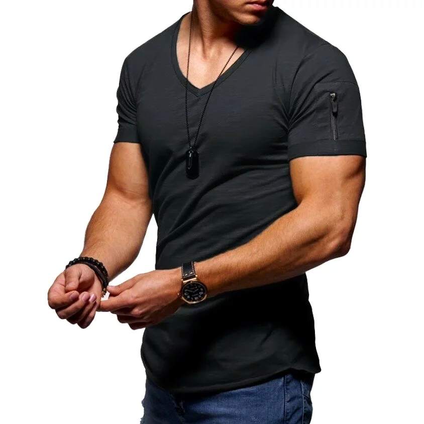 Men's V-neck T-shirt Fitness Bodybuilding T-shirt High Street Summer Short-Sleeved Zipper Casual Cotton Top