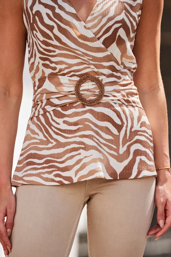 Natural Animal Print Buckle Detail Wrap Front Jersey Top