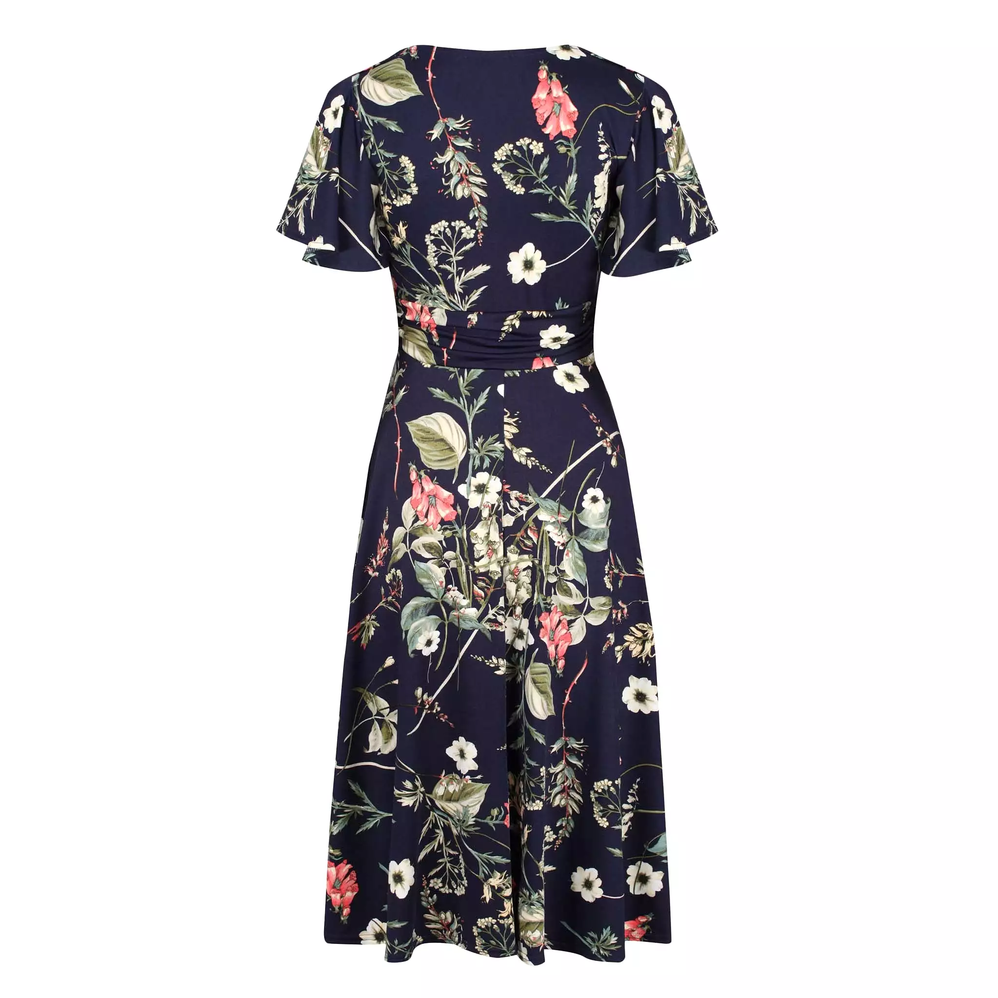 Navy Blue Floral Print Cap Sleeve V Neck Wrap Top Swing Dress