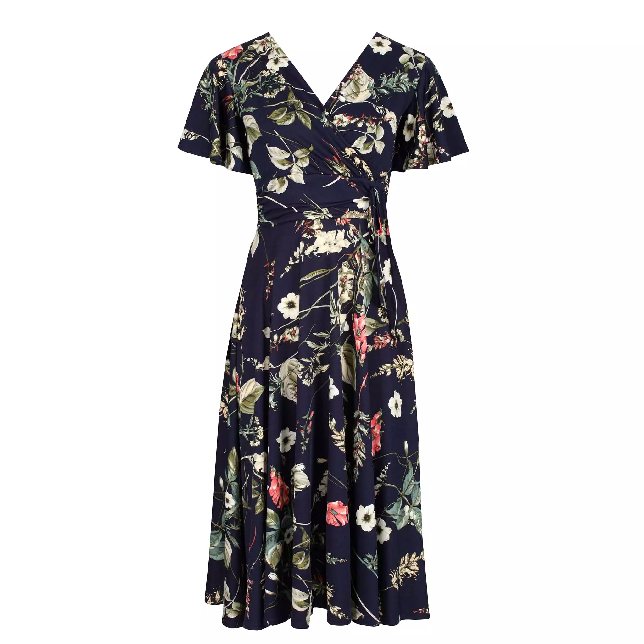 Navy Blue Floral Print Cap Sleeve V Neck Wrap Top Swing Dress