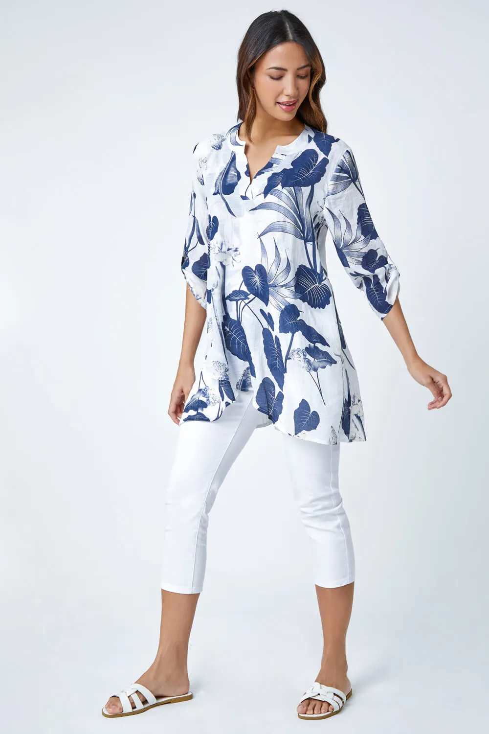 Navy Palm Print Wrap Hem Tunic Top | Roman UK