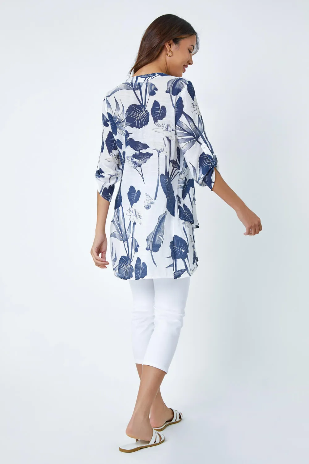 Navy Palm Print Wrap Hem Tunic Top | Roman UK