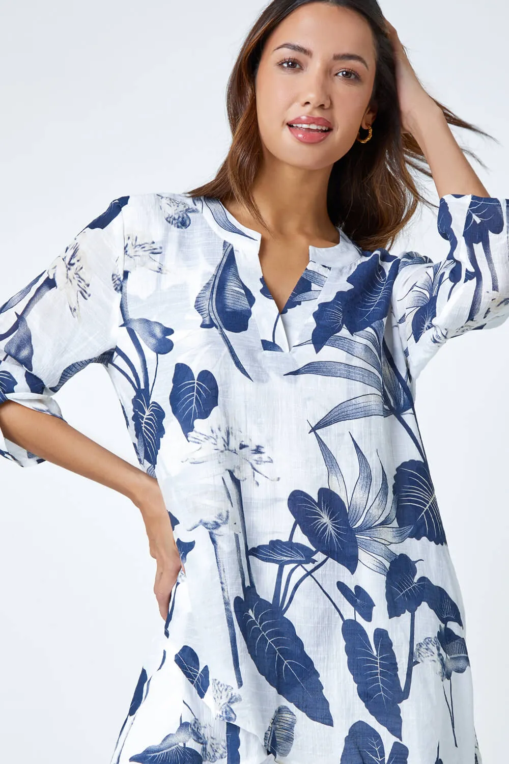 Navy Palm Print Wrap Hem Tunic Top | Roman UK