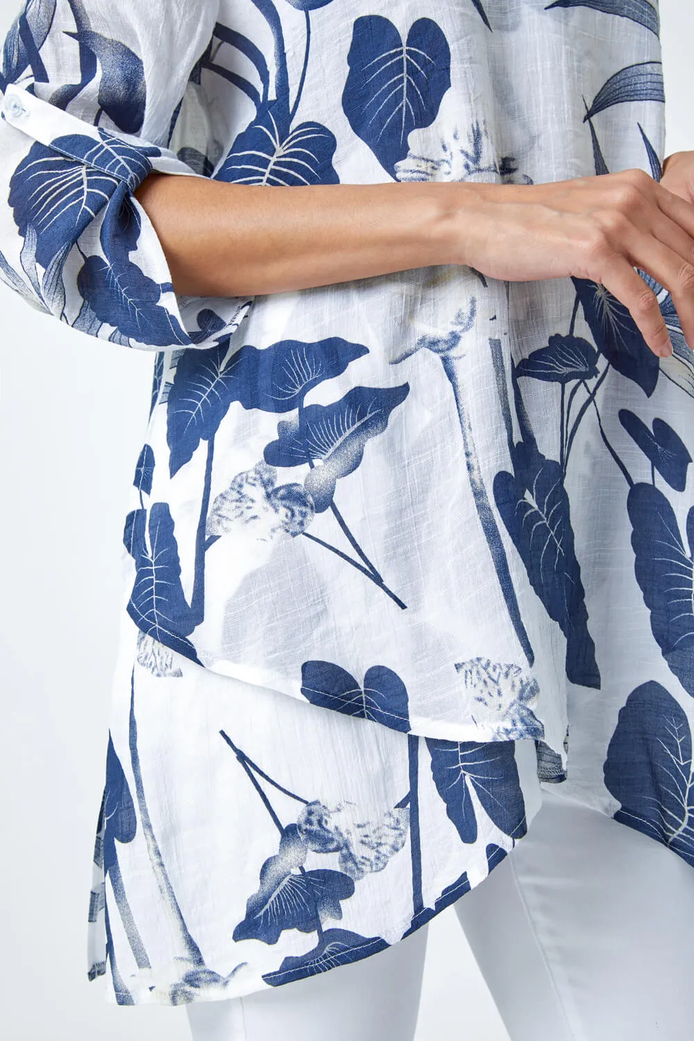 Navy Palm Print Wrap Hem Tunic Top | Roman UK