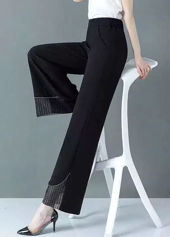 New Black Tulle Patchwork High Waist Straight Pants Spring HA1009