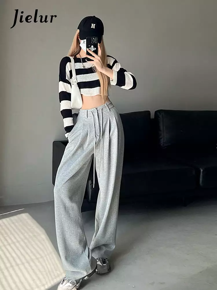 New High Waist American Solid Color Women's Pants Drawstring Loose Straight Pants Woman Grey Casual Pants Summer Female