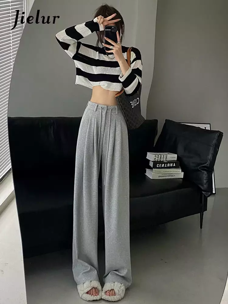 New High Waist American Solid Color Women's Pants Drawstring Loose Straight Pants Woman Grey Casual Pants Summer Female