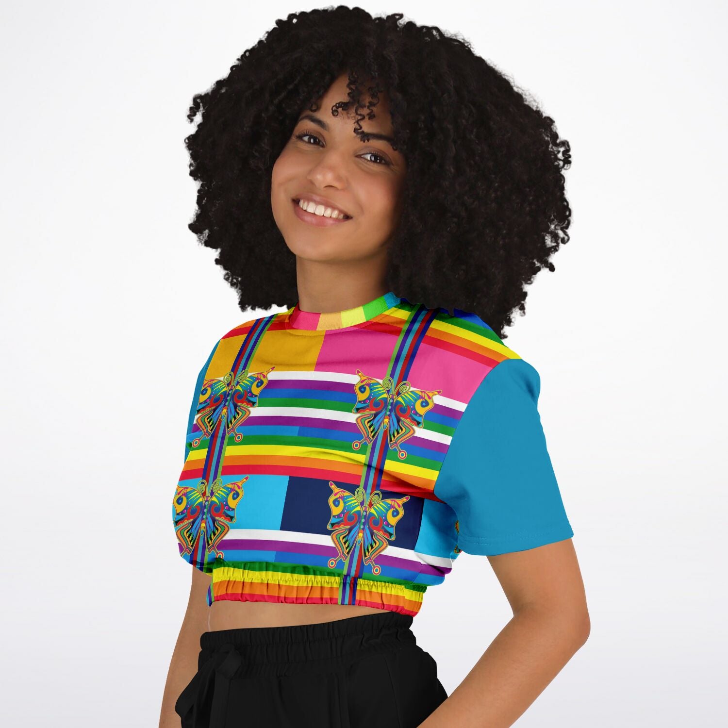 OG San Diego Rainbow Stripe Short Sleeve Cropped Eco-Poly Sweater