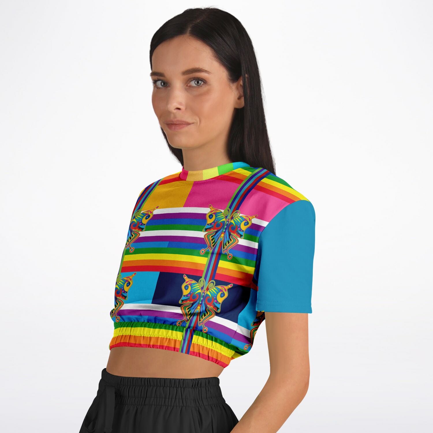 OG San Diego Rainbow Stripe Short Sleeve Cropped Eco-Poly Sweater