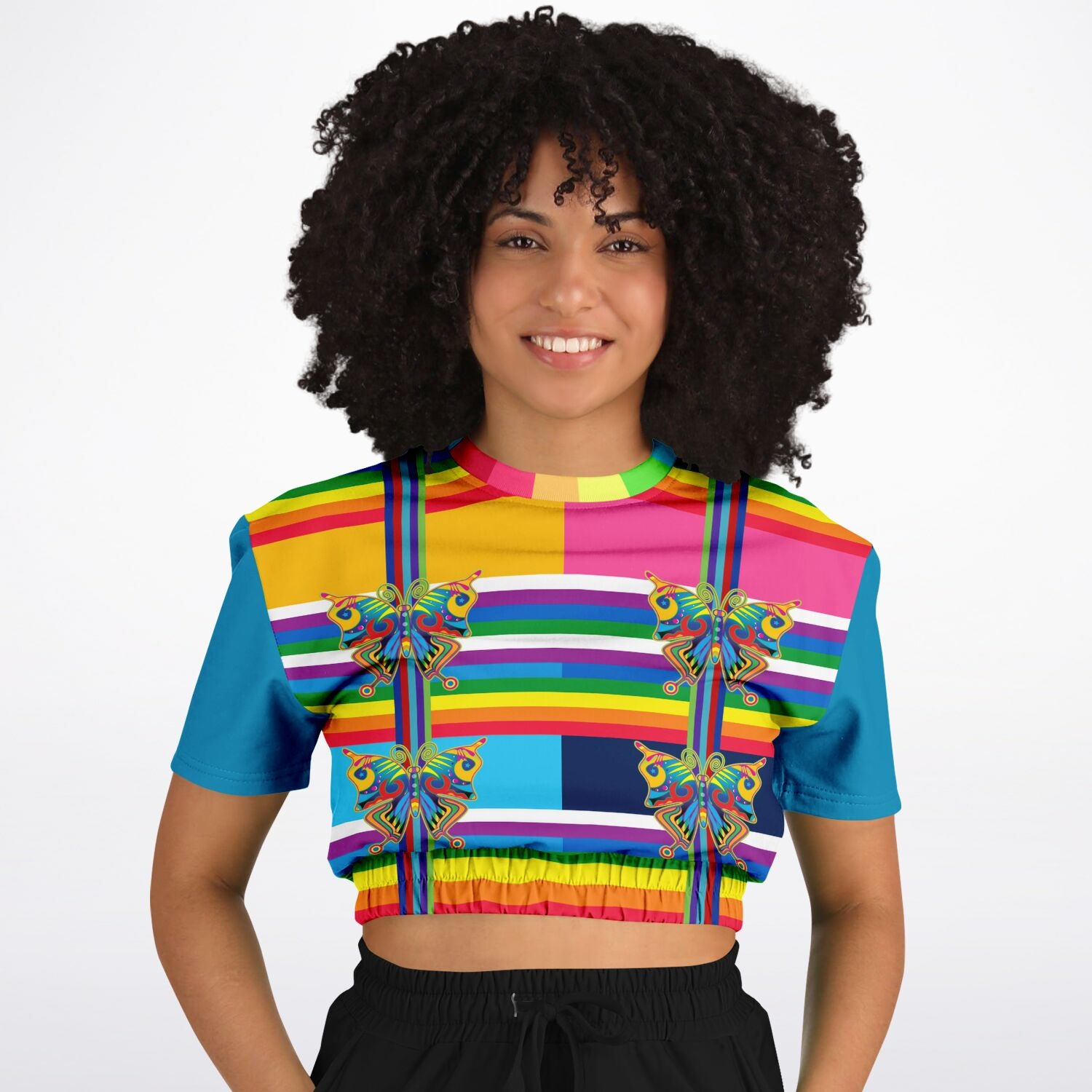 OG San Diego Rainbow Stripe Short Sleeve Cropped Eco-Poly Sweater