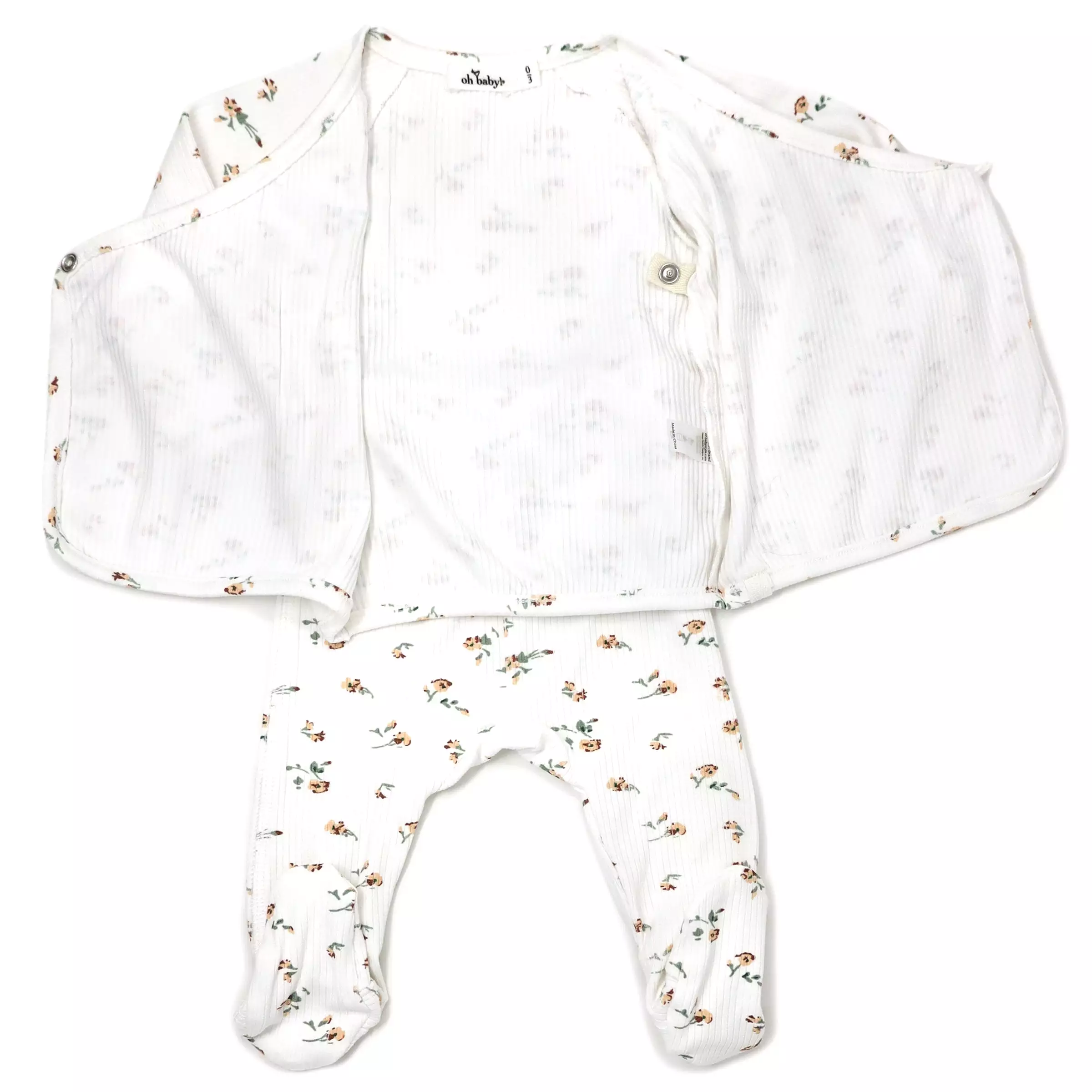 oh baby! Kimono Two Piece Footie Set - Rib Knit - Scattered Flowers - Cream