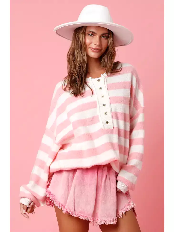 Oversized Striped Sweater - Light Pink/White