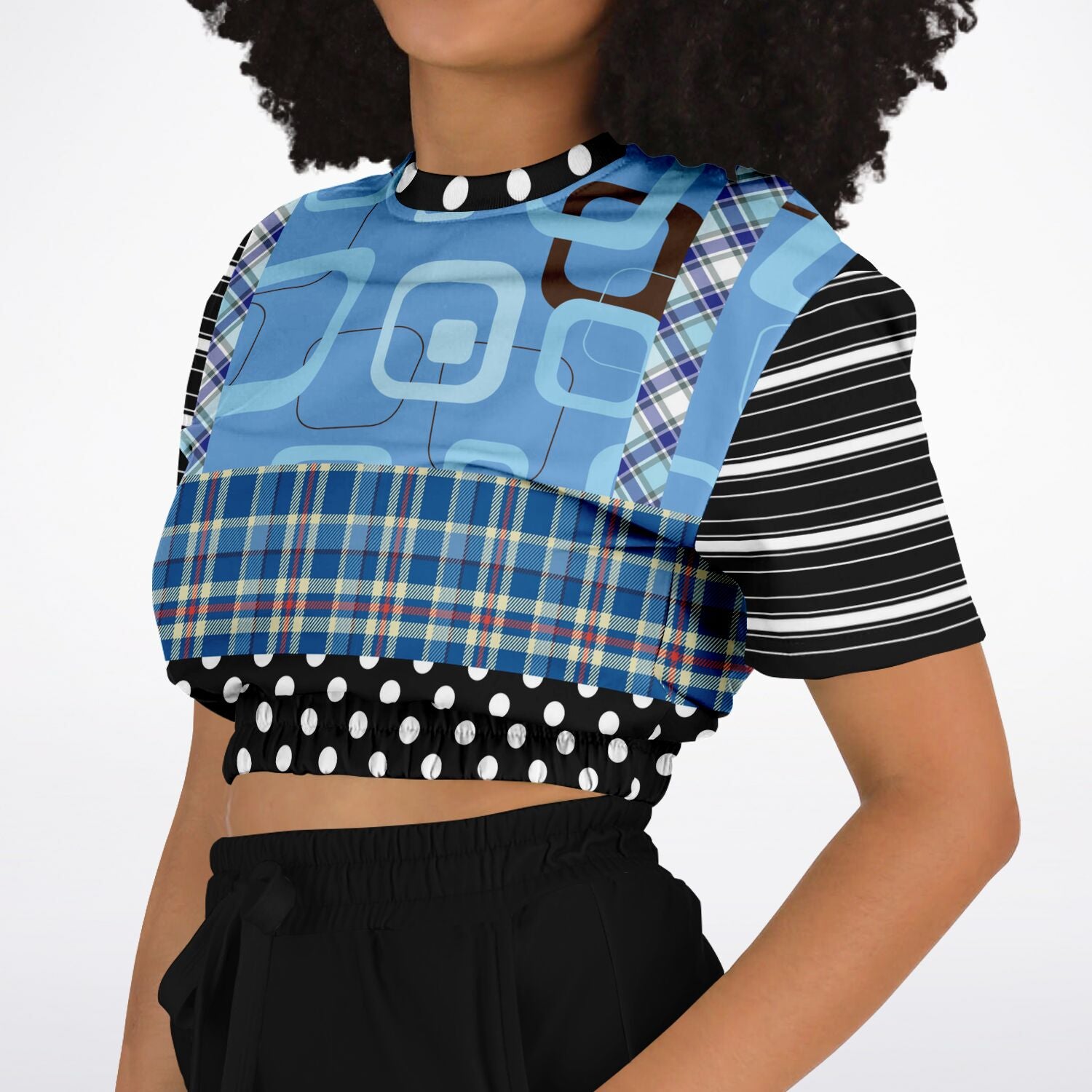 Pacific Palisades Blue Patchwork Short Sleeve Cropped Eco-Poly Sweater