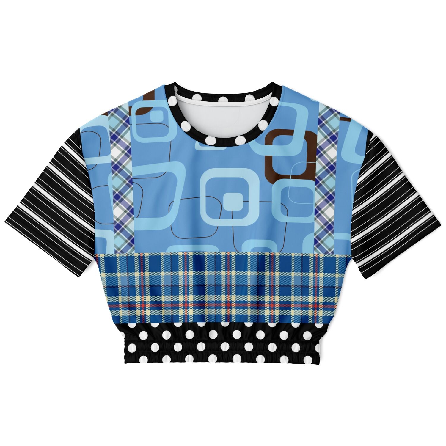 Pacific Palisades Blue Patchwork Short Sleeve Cropped Eco-Poly Sweater