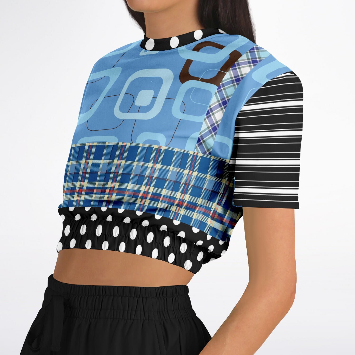 Pacific Palisades Blue Patchwork Short Sleeve Cropped Eco-Poly Sweater