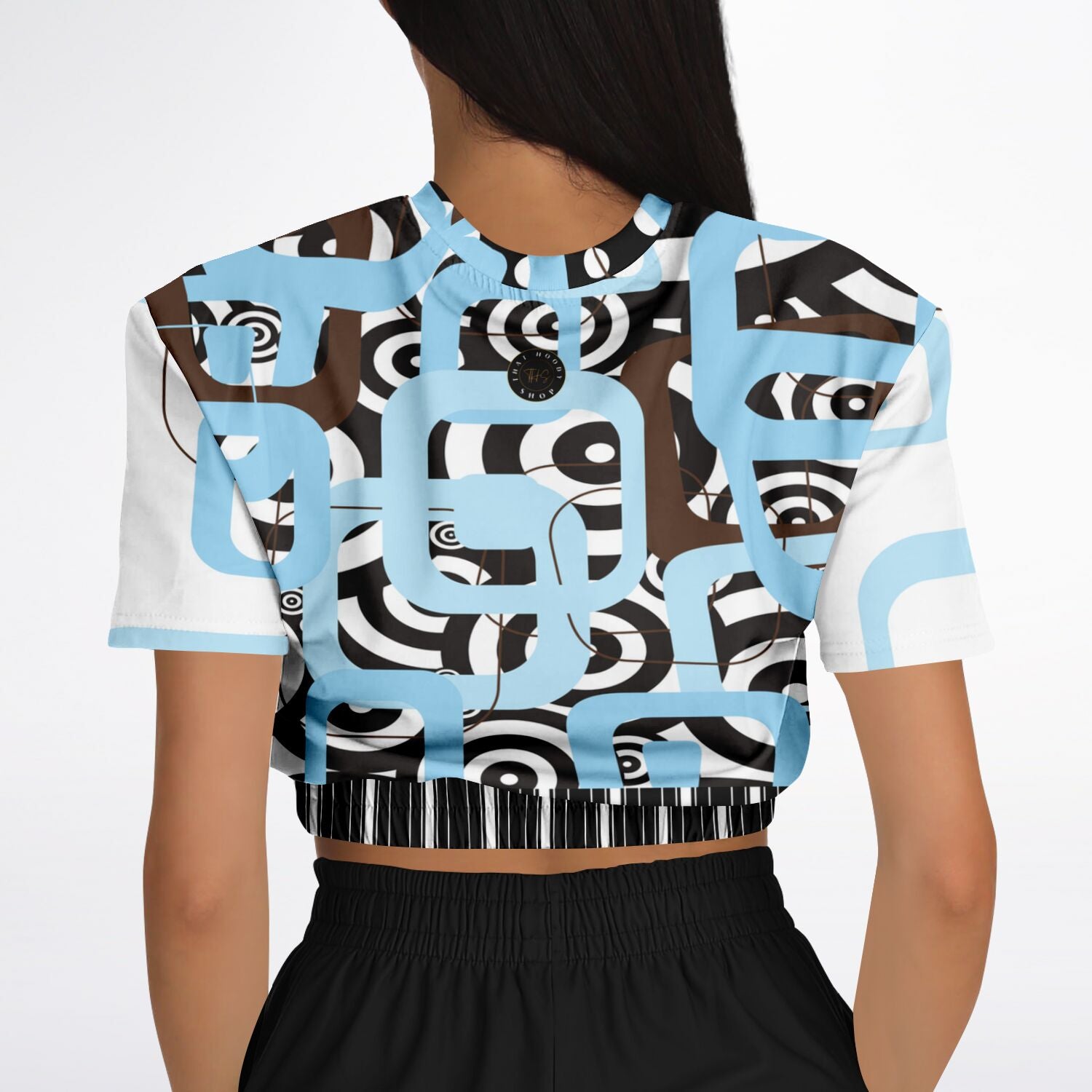 Pacific Palisades Retro Print Short Sleeve Cropped Eco-Poly Sweater