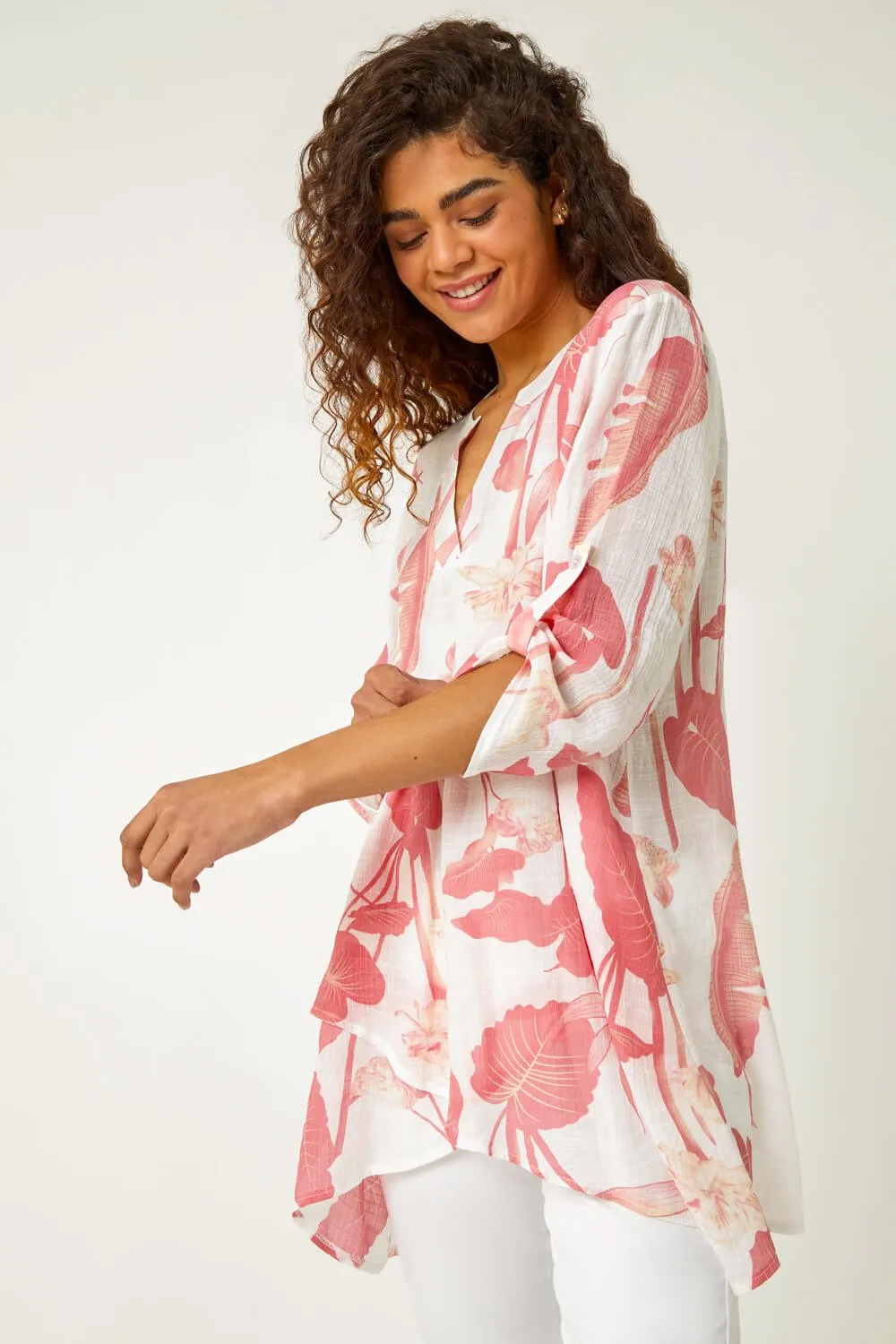 Palm Print Wrap Hem Tunic Top in Coral - Roman Originals UK