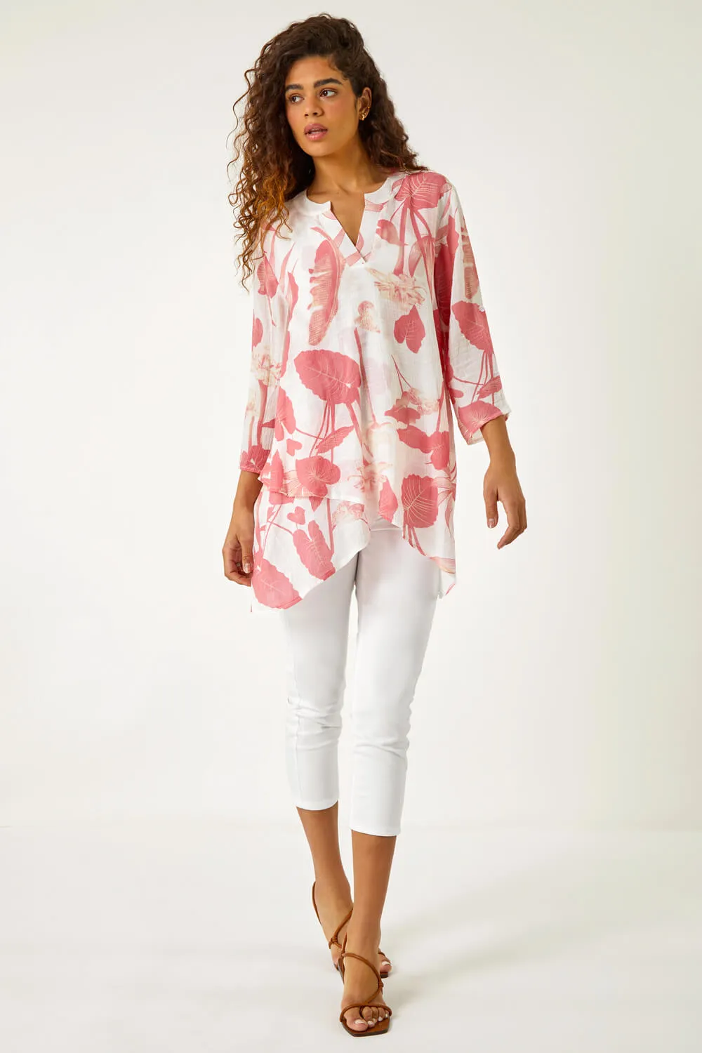 Palm Print Wrap Hem Tunic Top in Coral - Roman Originals UK