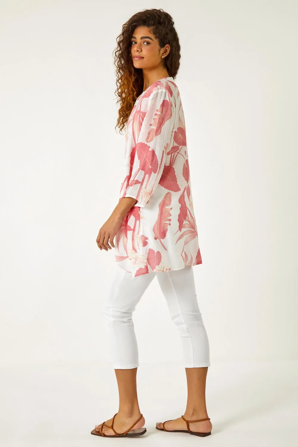 Palm Print Wrap Hem Tunic Top in Coral - Roman Originals UK