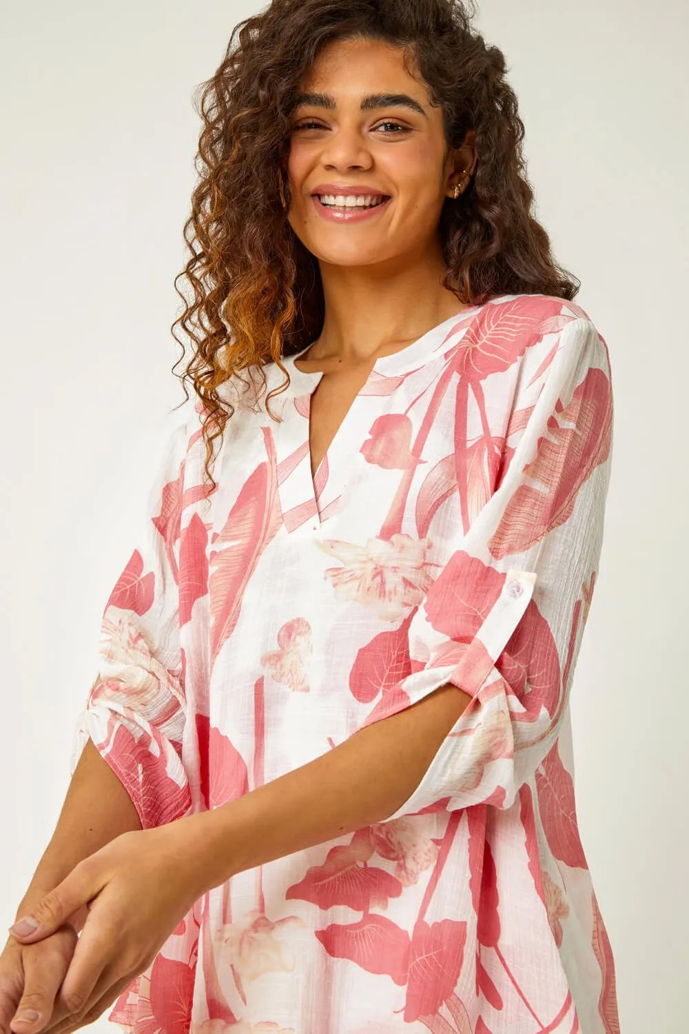 Palm Print Wrap Hem Tunic Top in Coral - Roman Originals UK