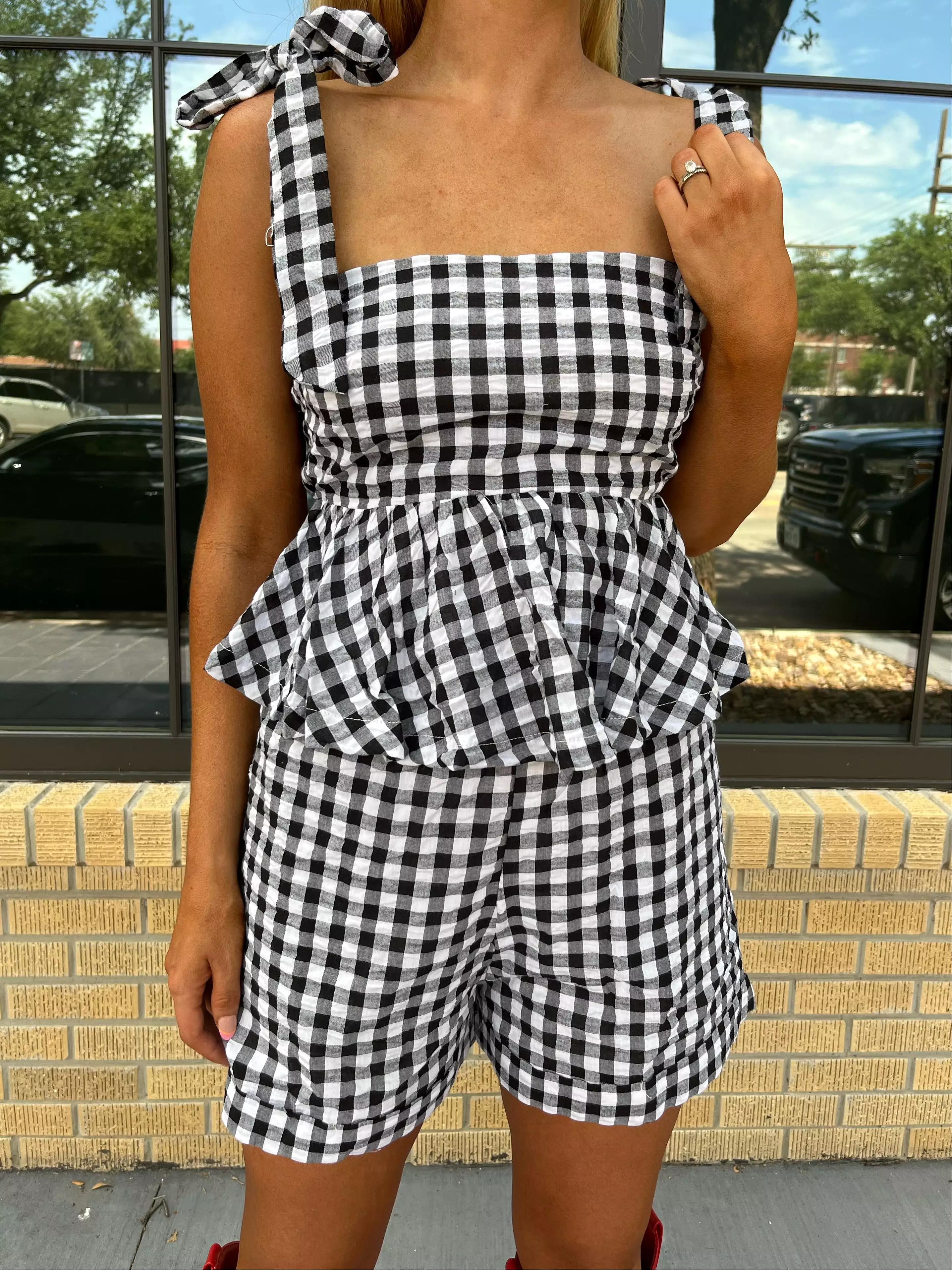 PEPLUM TOP AND SHORTS SET - BLACK GINGHAM