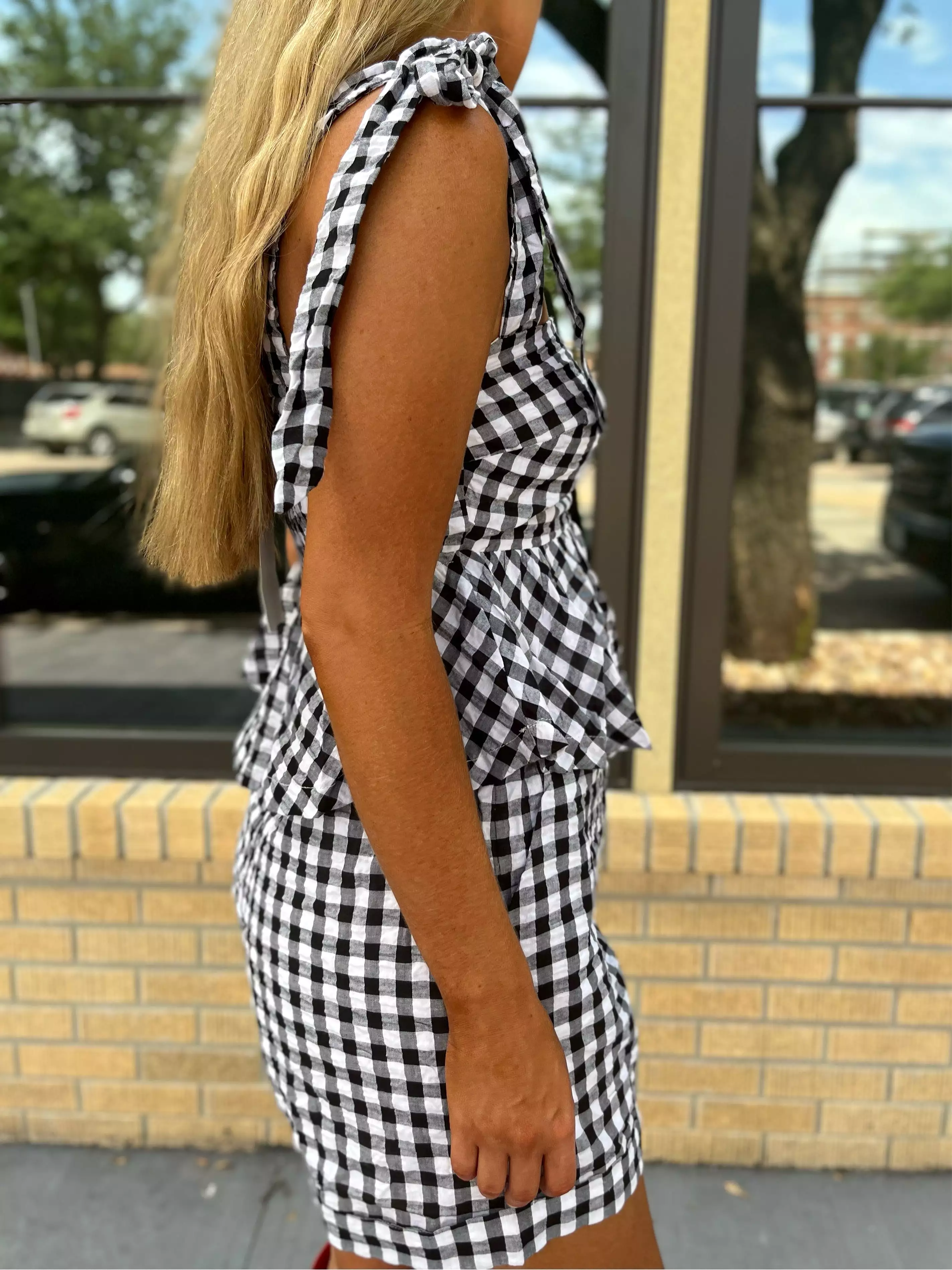 PEPLUM TOP AND SHORTS SET - BLACK GINGHAM