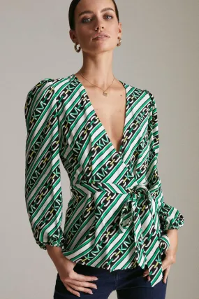 Petite Km Chain Print Ls Woven Wrap Top | Karen Millen