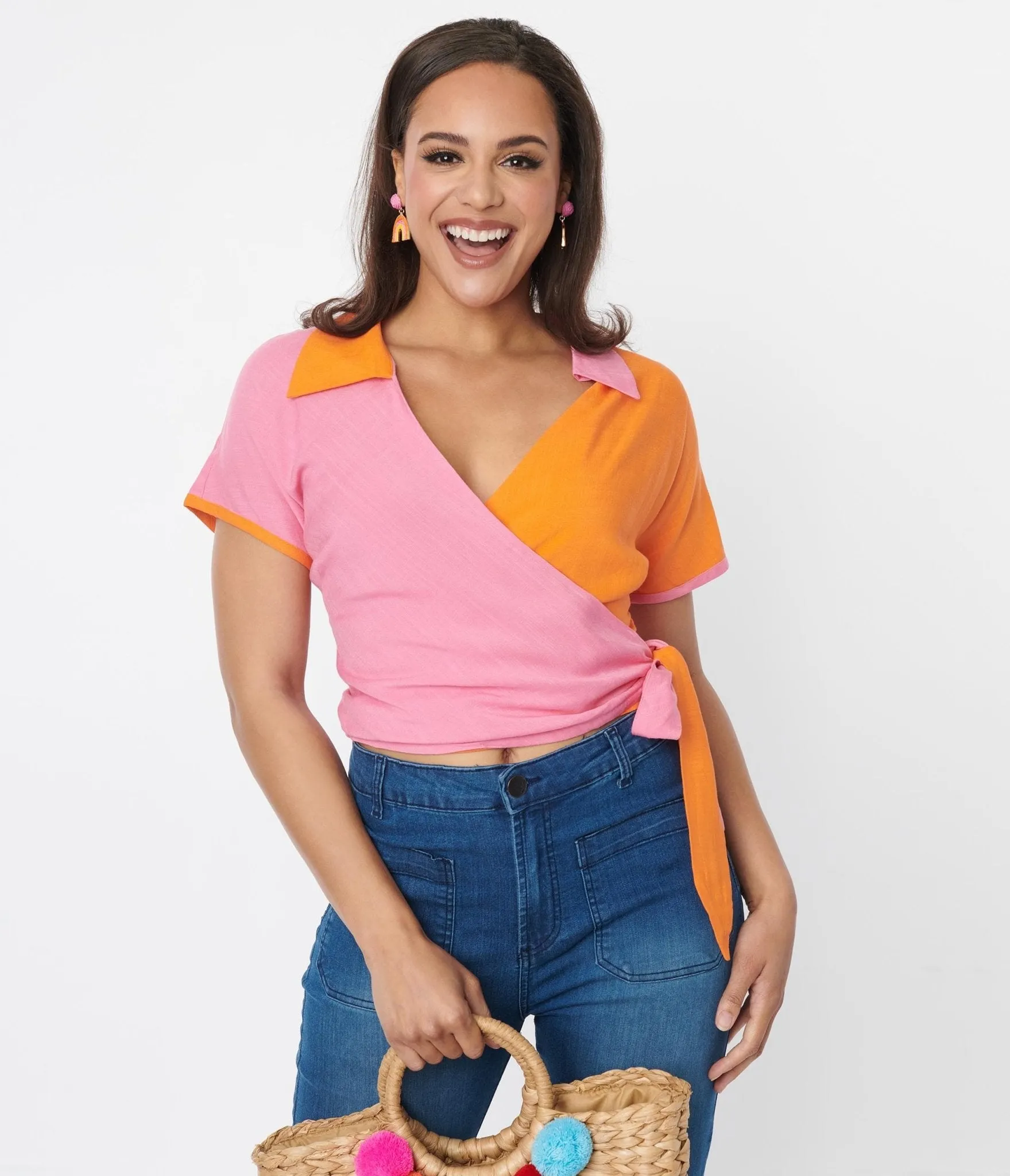 Pink & Orange Colorblock Surplice Wrap Top