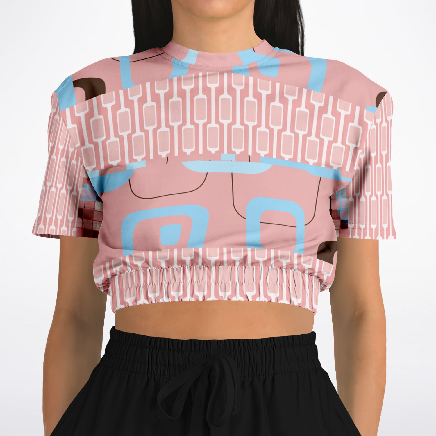 Pink Geo Gallagher Short Sleeve Cropped Eco-Poly Sweater