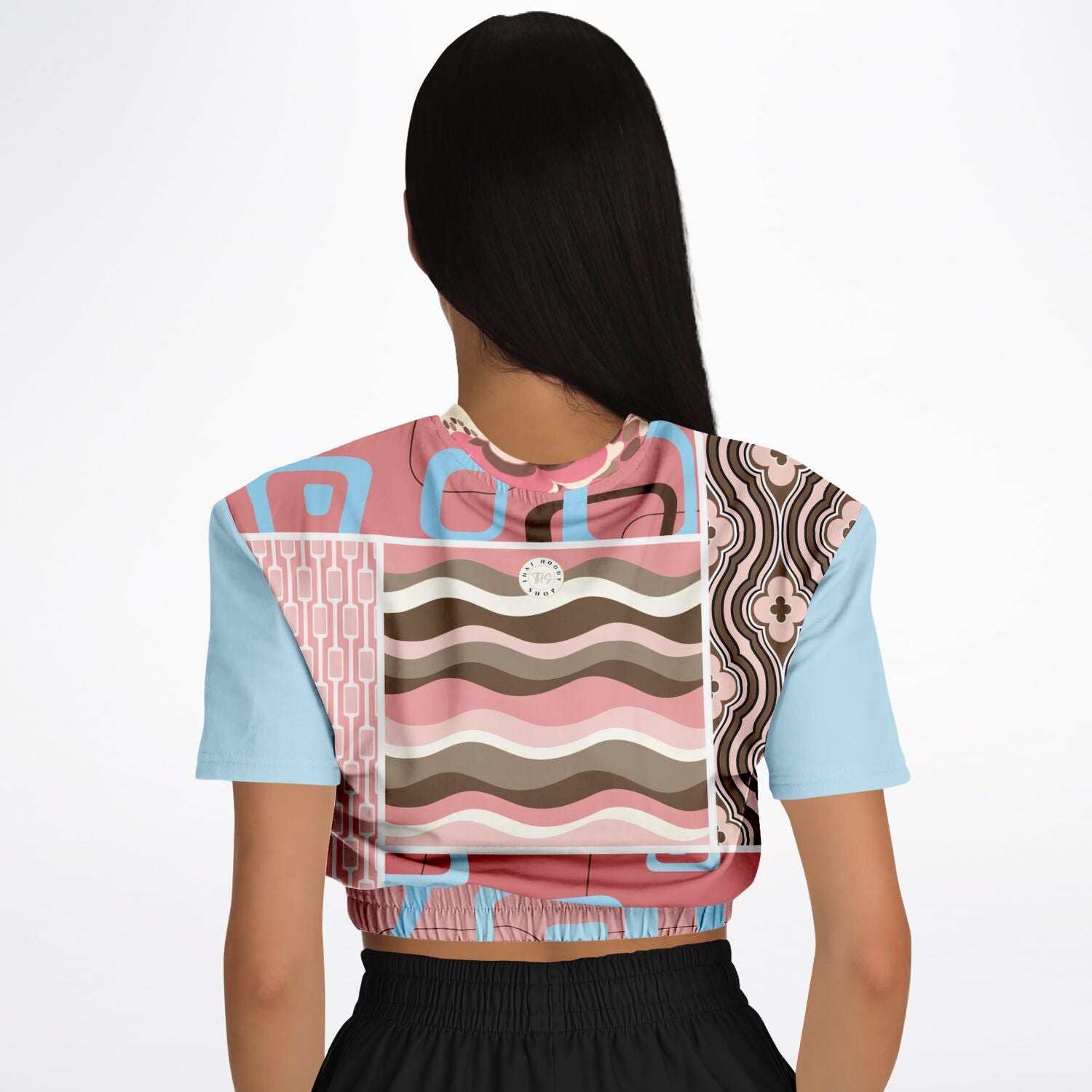 Pink Geo Retro Striped Short Sleeve Cropped Eco-Poly Sweater