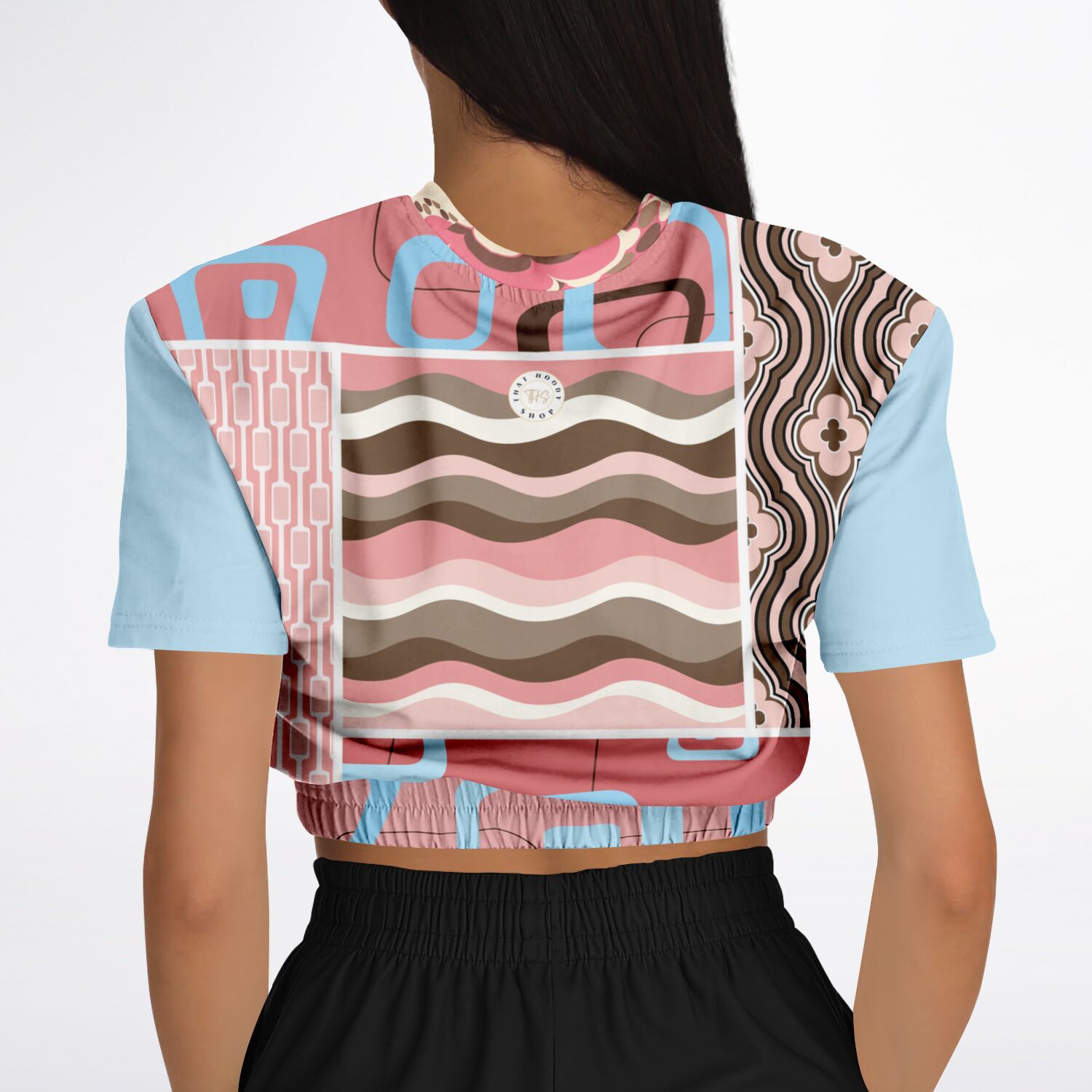 Pink Geo Retro Striped Short Sleeve Cropped Eco-Poly Sweater