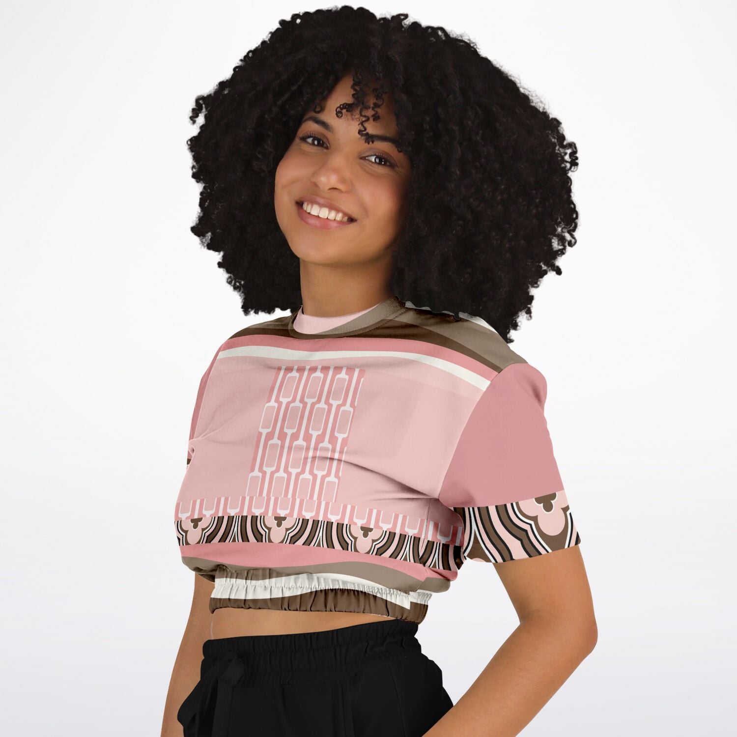 Pink Geo Zebra Short Sleeve Cropped Eco-Poly Sweater