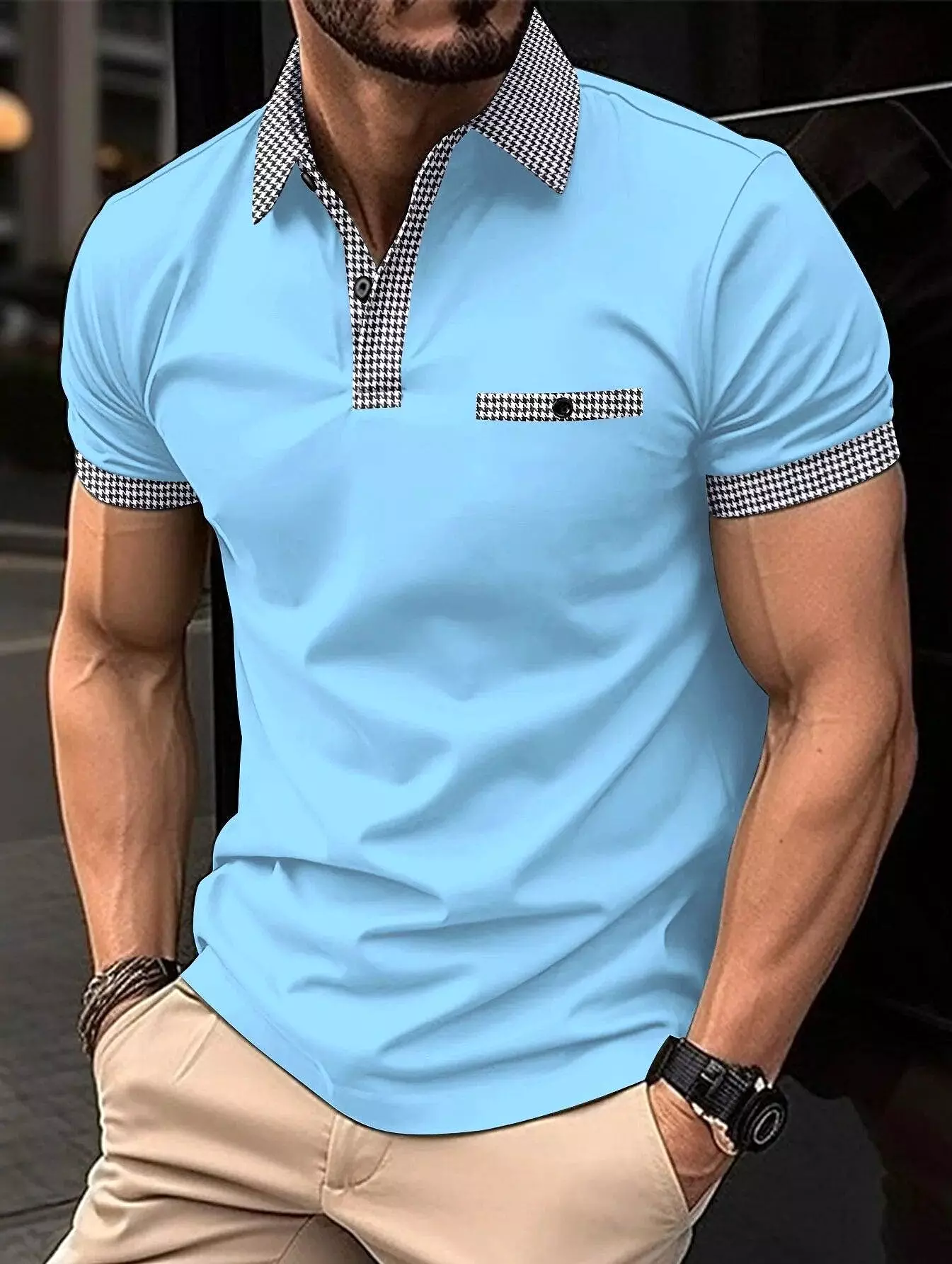 Plaid Collar Short-Sleeved Polo Shirt