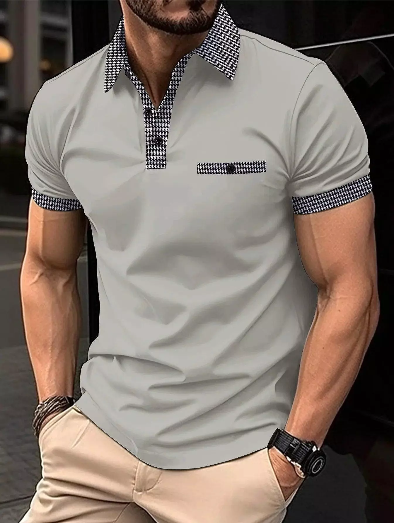 Plaid Collar Short-Sleeved Polo Shirt