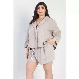 Plus Grey Button-up Collared Neck Blazer High Waist Shorts Set