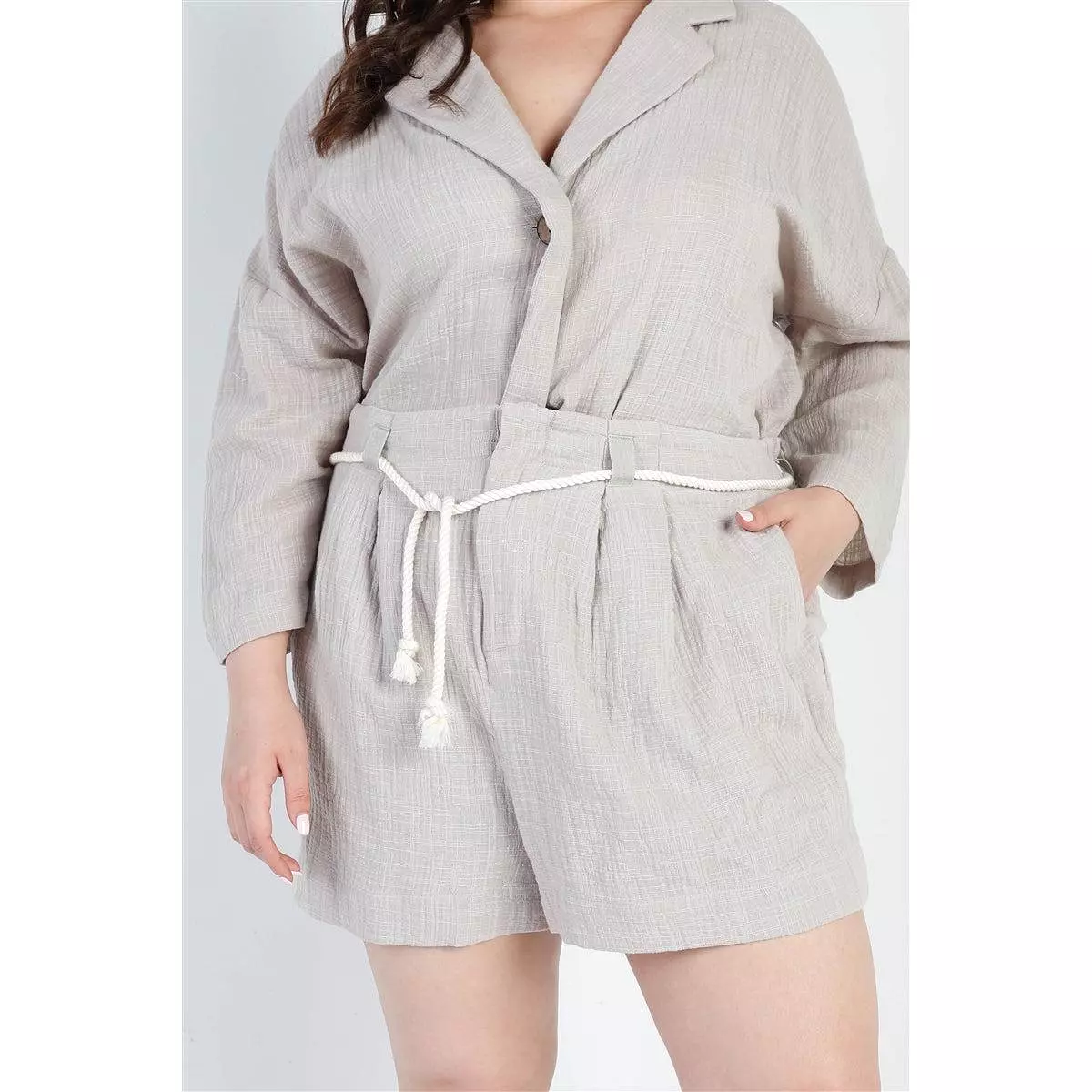 Plus Grey Button-up Collared Neck Blazer High Waist Shorts Set