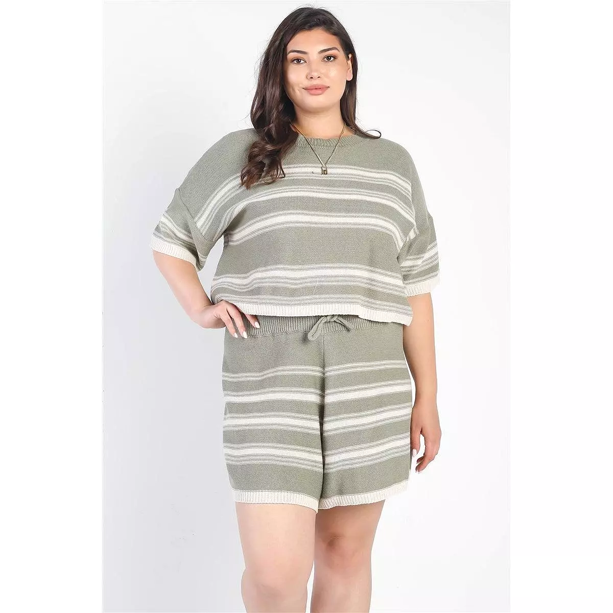 Plus Olive Striped Knit Short Sleeve Crop Top High Waist Shorts Set