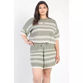 Plus Olive Striped Knit Short Sleeve Crop Top High Waist Shorts Set