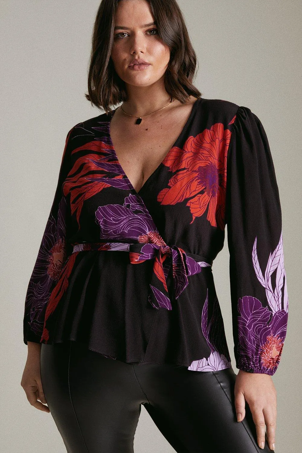 Plus Size Graphic Floral Print Long Sleeve Woven Wrap Top | Karen Millen