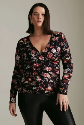 Plus Size Paisley Wrap Long Sleeve Viscose Blend Jersey Top | Karen Millen