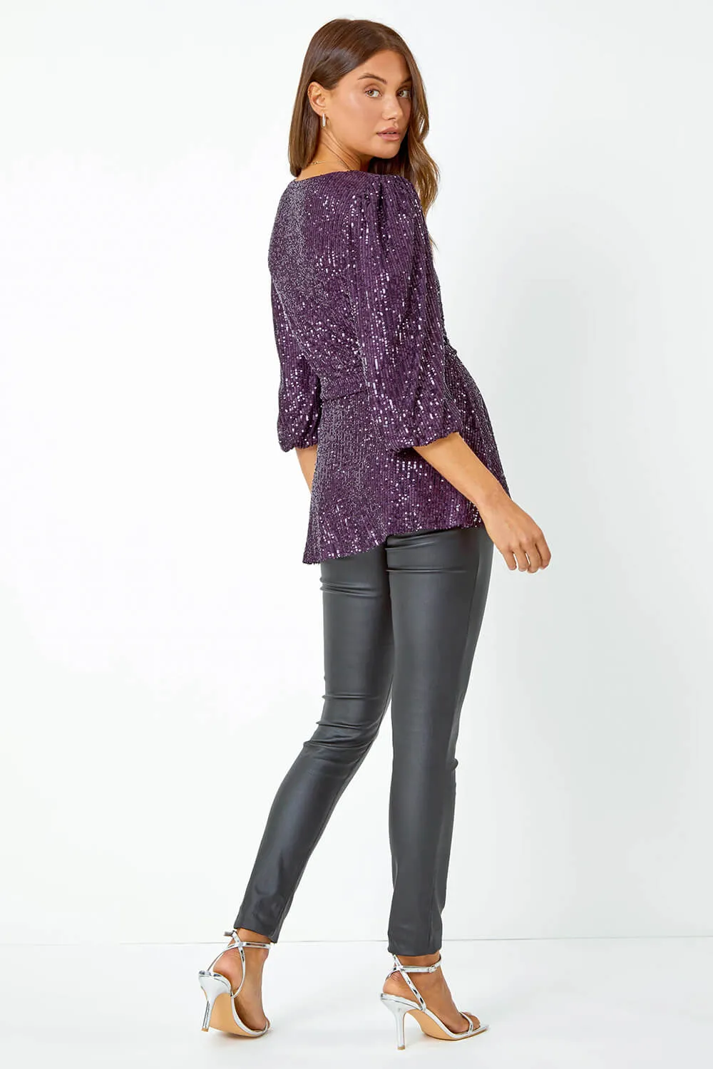 Purple Embellished Sequin Stretch Wrap Top | Roman UK