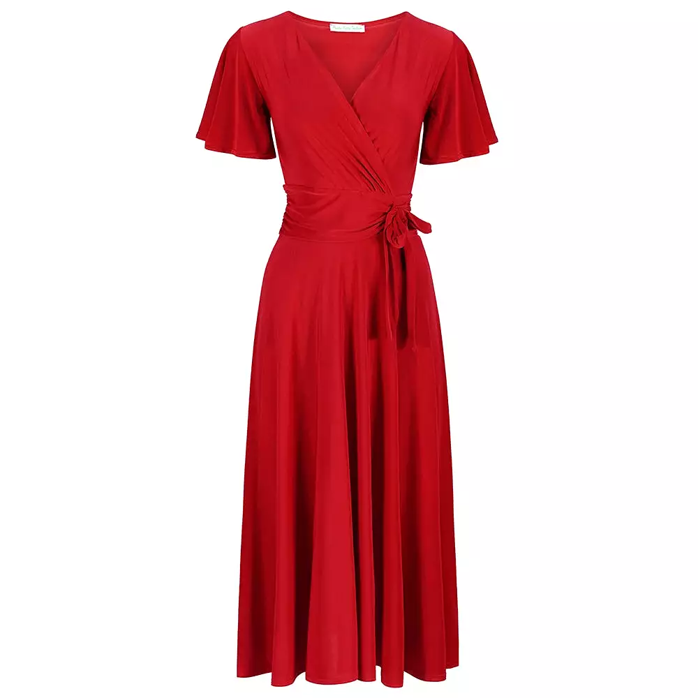 Red Cap Sleeve Crossover V Neck Vintage Wrap Top Swing Dress